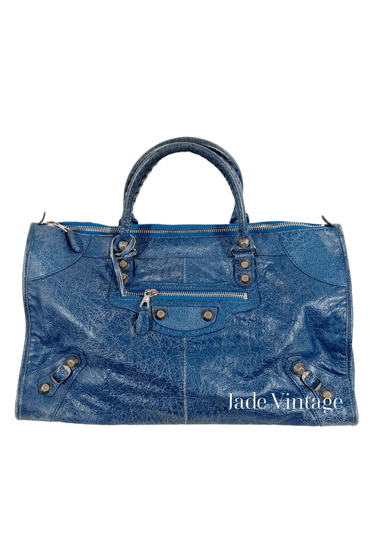 2012 Balenciaga Bleu Cobalt Work Tote Giant 12 Silver Hardware - Jade Vintage