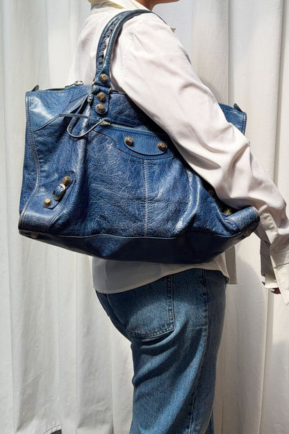 2012 Balenciaga Bleu Cobalt Work Tote Giant 12 Silver Hardware - Jade Vintage