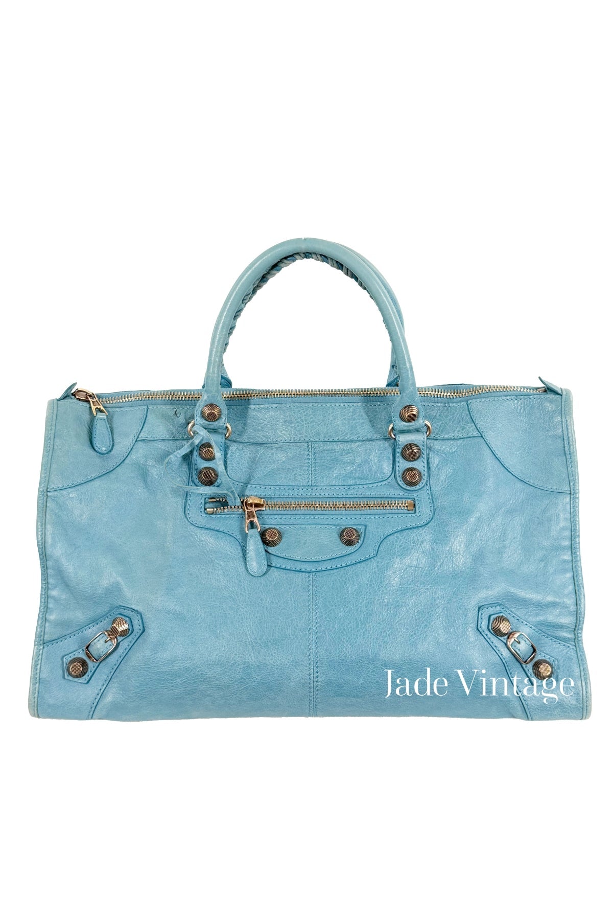 2012 Balenciaga Bleu Indigo Work Tote Giant 12 Rose Gold Hardware - Jade Vintage