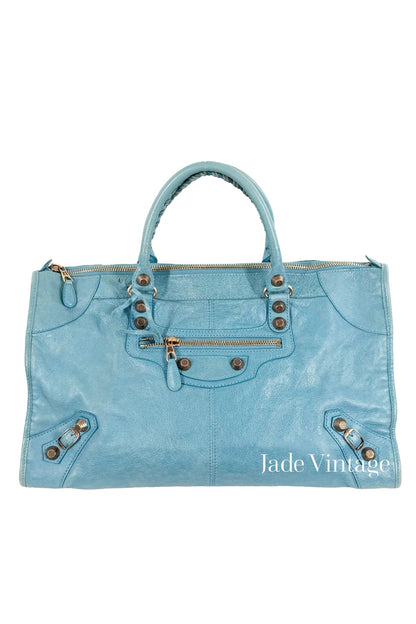 2012 Balenciaga Bleu Indigo Work Tote Giant 12 Rose Gold Hardware - Jade Vintage