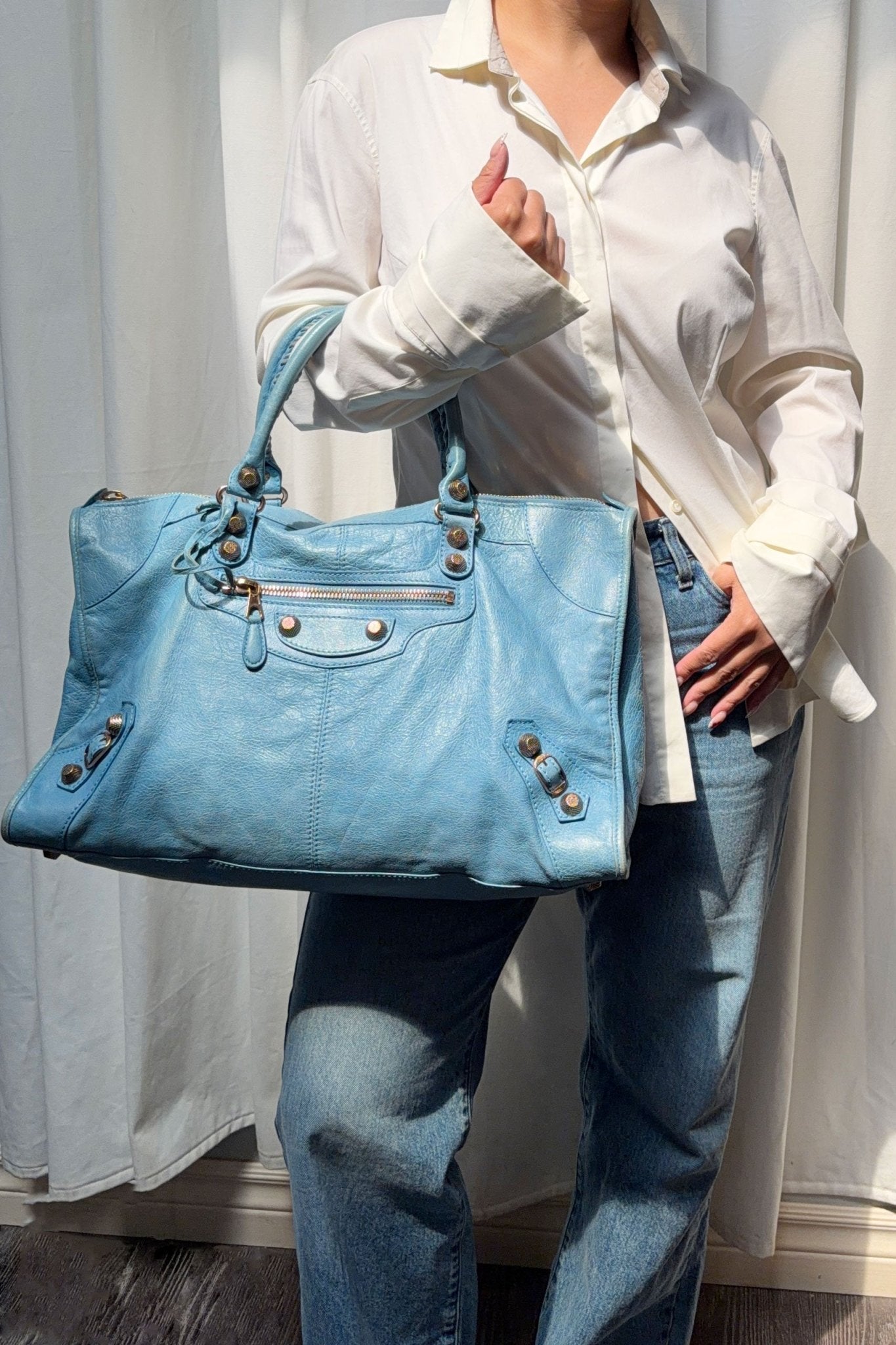 2012 Balenciaga Bleu Indigo Work Tote Giant 12 Rose Gold Hardware - Jade Vintage