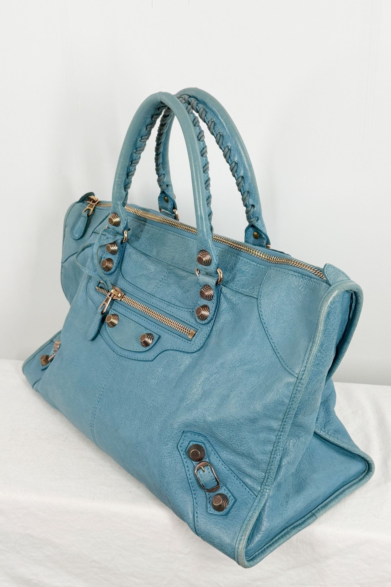 2012 Balenciaga Bleu Indigo Work Tote Giant 12 Rose Gold Hardware - Jade Vintage