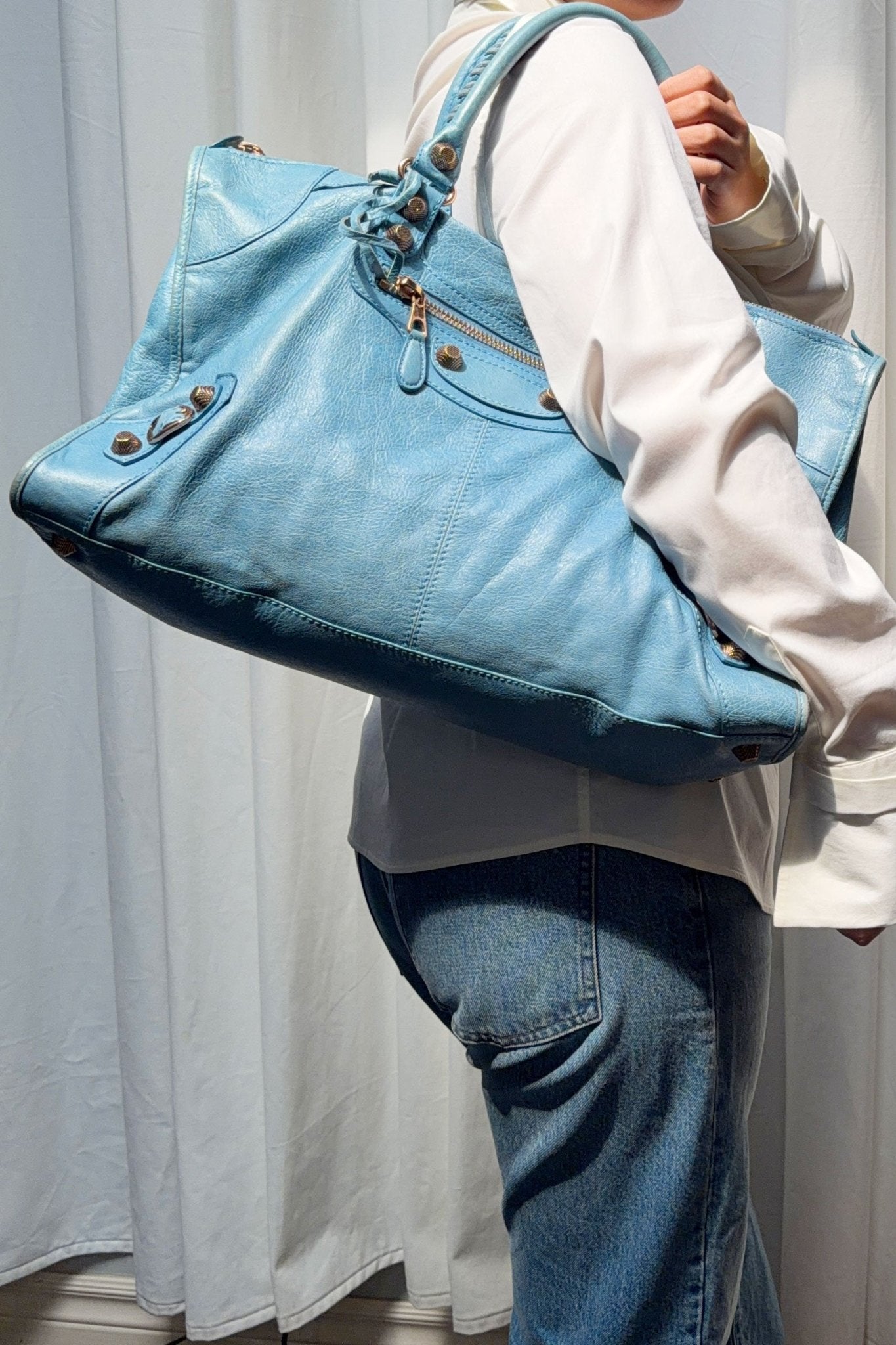 2012 Balenciaga Bleu Indigo Work Tote Giant 12 Rose Gold Hardware - Jade Vintage