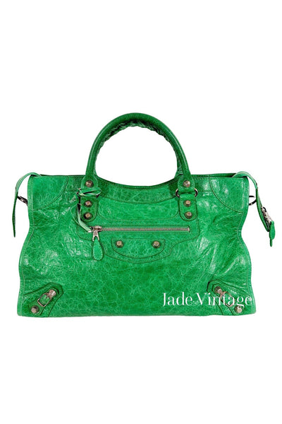 【超希少】BALENCIAGA　ボストンバッグ　ヴィンテージ グリーン　うちポケ 2012 Balenciaga Vert Poker City Bag Giant 12 Silver Hardware