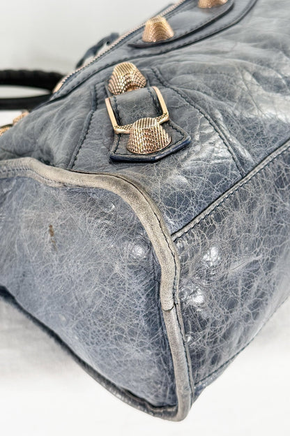 Balenciaga City Bag Navy Blue Giant 21 Rose Gold Studs - Jade Vintage