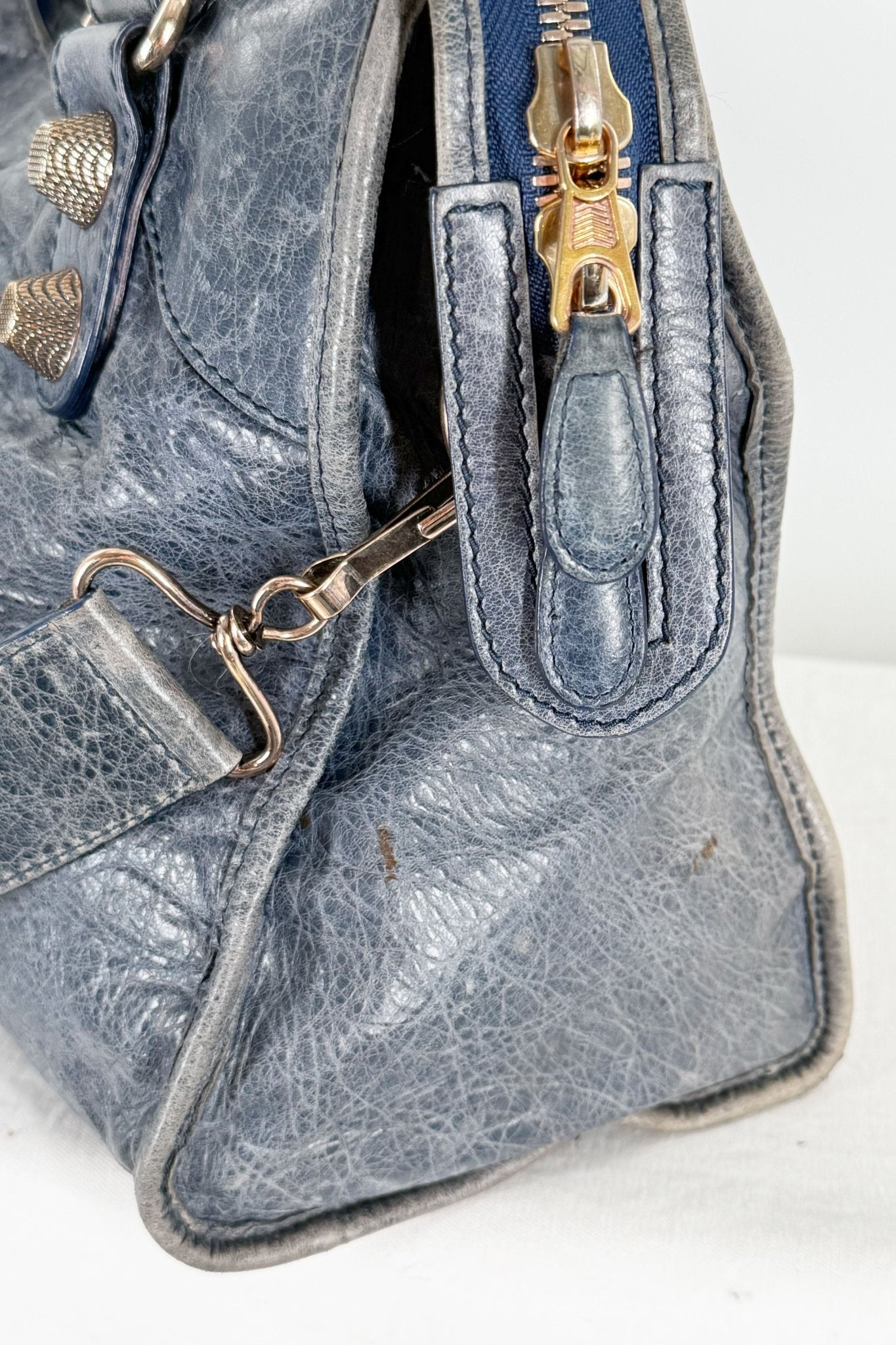 Balenciaga City Bag Navy Blue Giant 21 Rose Gold Studs - Jade Vintage