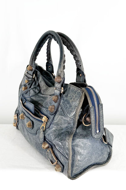 Balenciaga City Bag Navy Blue Giant 21 Rose Gold Studs - Jade Vintage