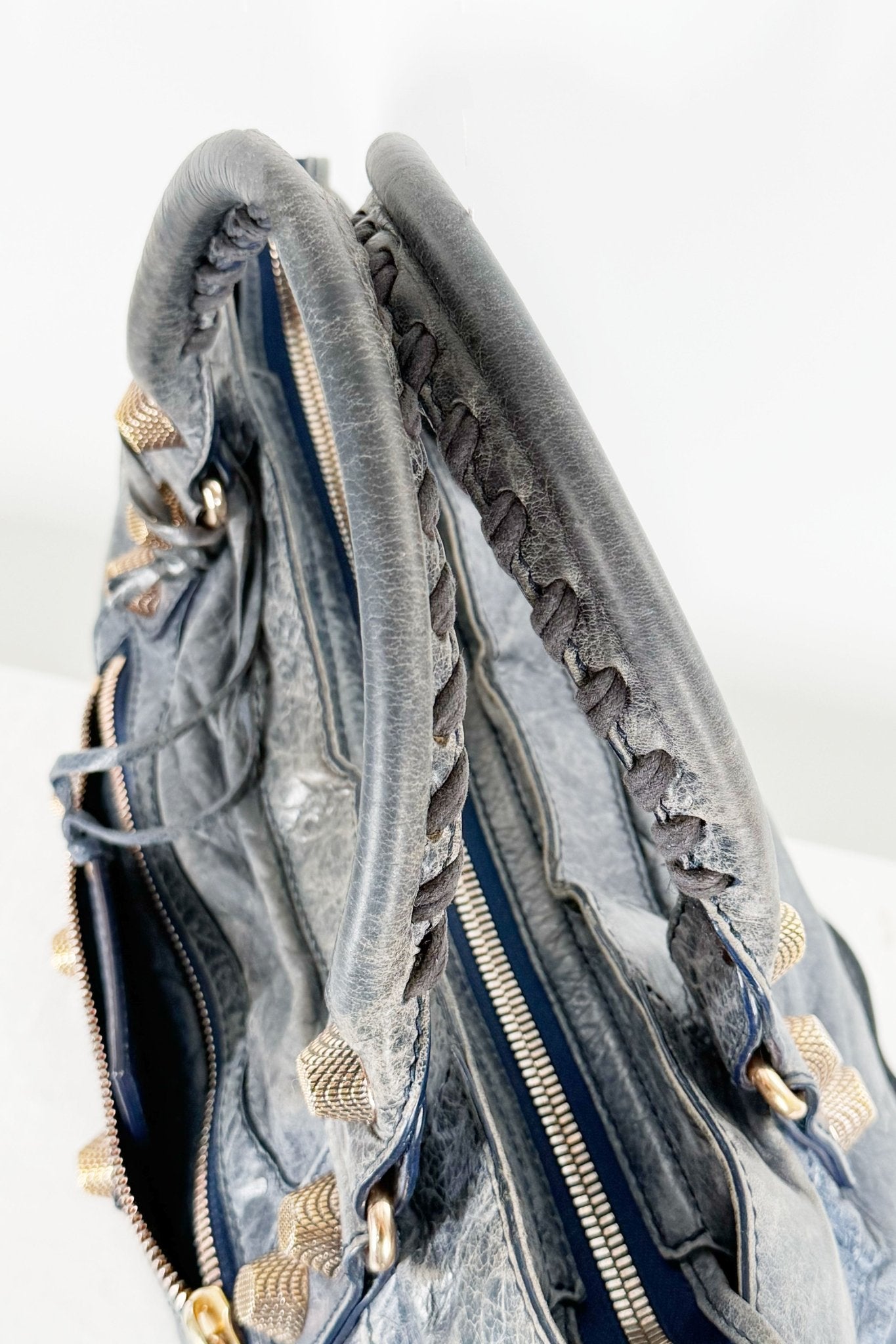 Balenciaga City Bag Navy Blue Giant 21 Rose Gold Studs - Jade Vintage