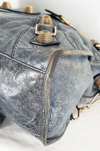 Balenciaga City Bag Navy Blue Giant 21 Rose Gold Studs - Jade Vintage