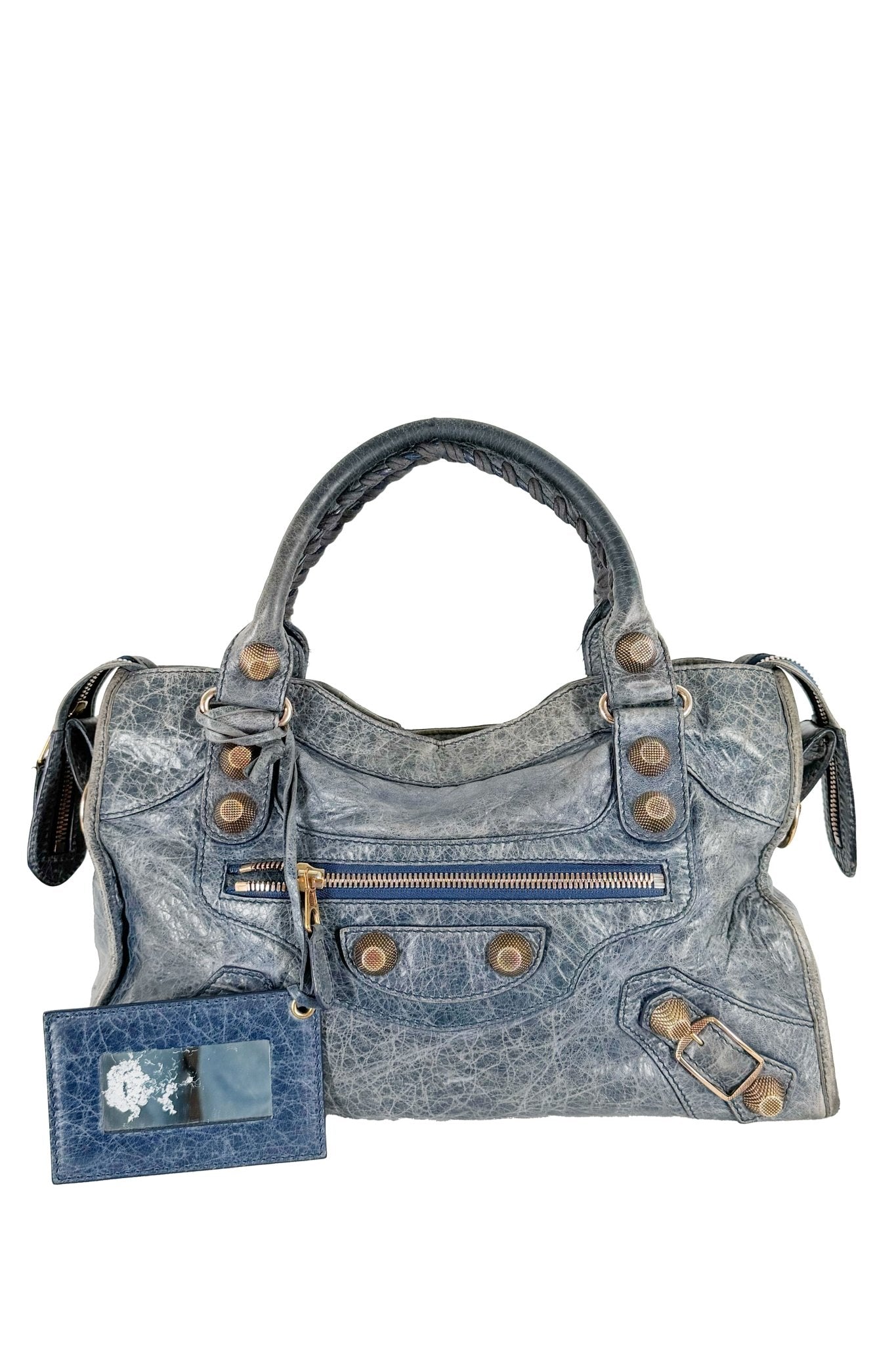 Balenciaga City Bag Navy Blue Giant 21 Rose Gold Studs - Jade Vintage