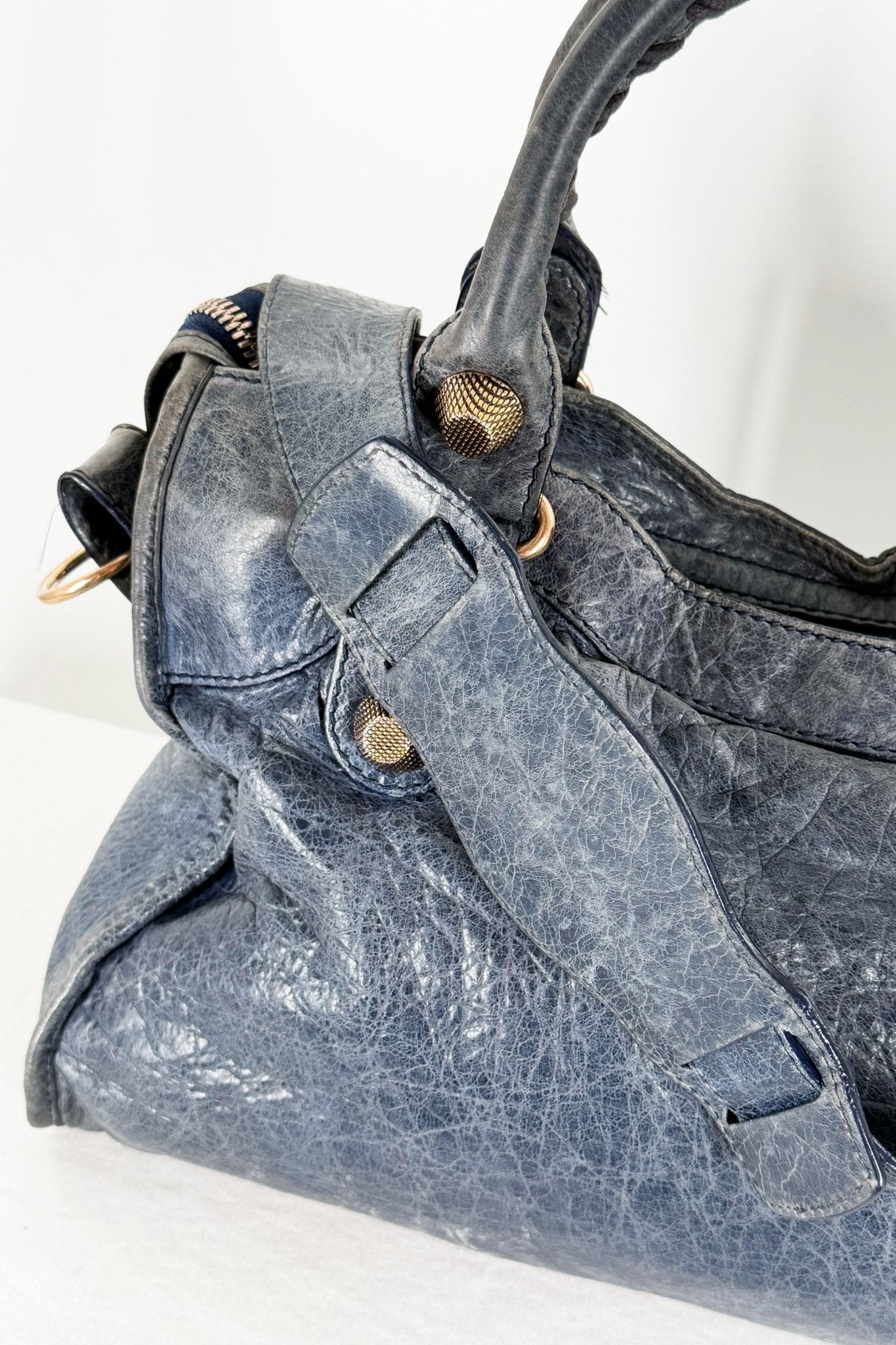 Balenciaga City Bag Navy Blue Giant 21 Rose Gold Studs - Jade Vintage
