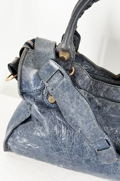 Balenciaga City Bag Navy Blue Giant 21 Rose Gold Studs - Jade Vintage