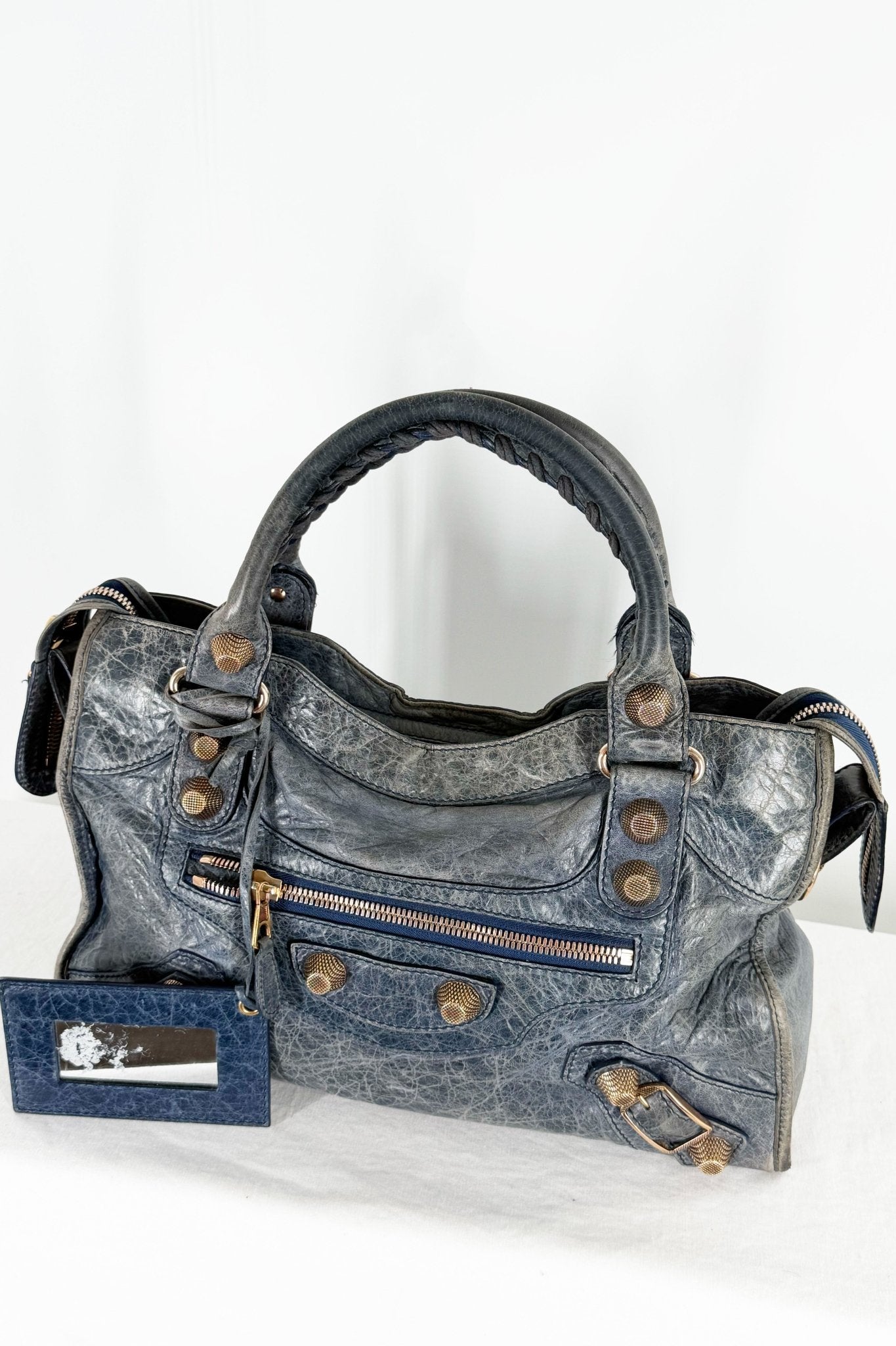 Balenciaga City Bag Navy Blue Giant 21 Rose Gold Studs - Jade Vintage