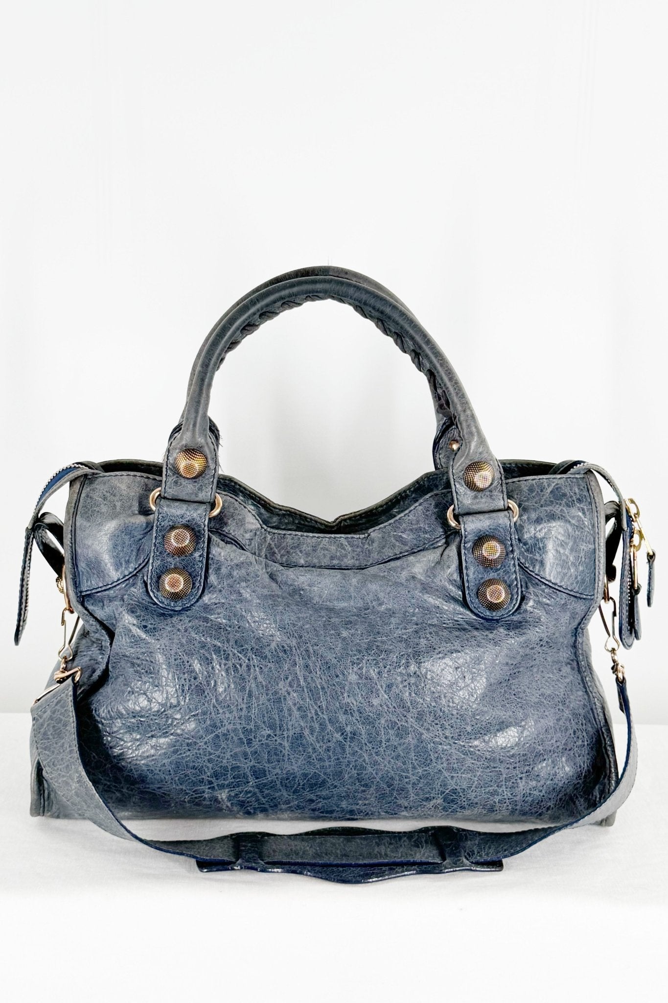 Balenciaga City Bag Navy Blue Giant 21 Rose Gold Studs - Jade Vintage