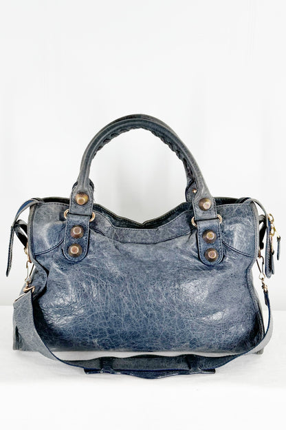 Balenciaga City Bag Navy Blue Giant 21 Rose Gold Studs - Jade Vintage