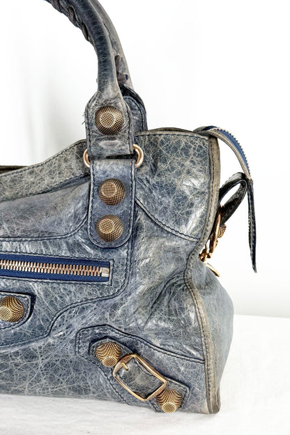 Balenciaga City Bag Navy Blue Giant 21 Rose Gold Studs - Jade Vintage