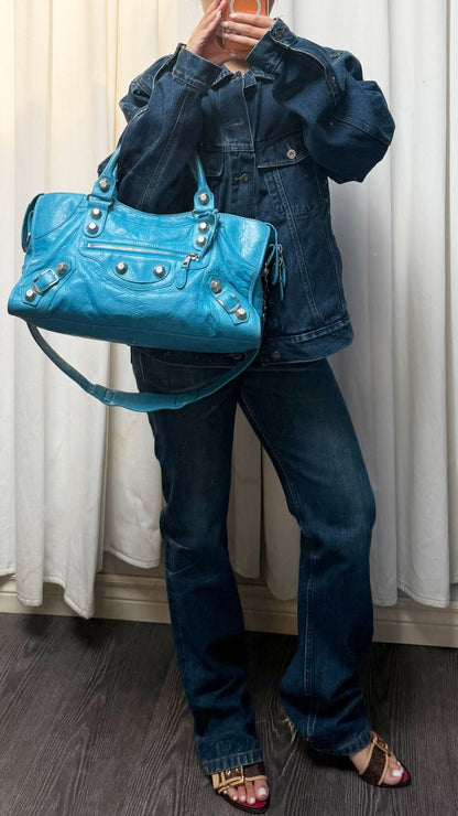 S/S 2011 Balenciaga Bleu Paon Part Time Bag Giant 21 Silver Hardware - Jade Vintage