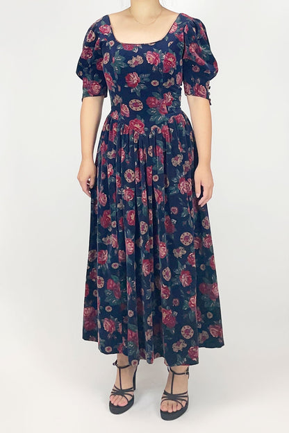 Laura Ashley Velvet Floral Dress / 6 (US) - Jade Vintage