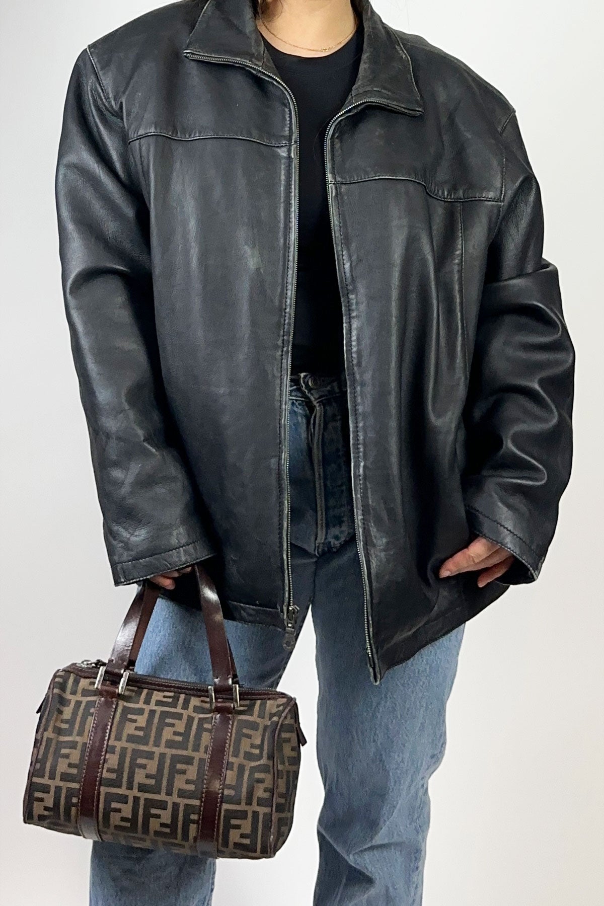 Men's Black Leather Jacket / Large - Jade Vintage