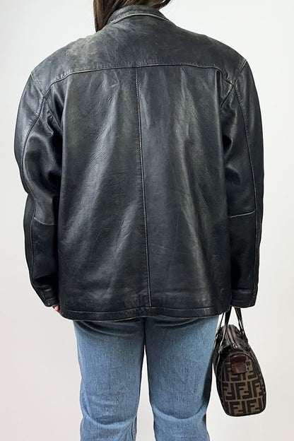 Men's Black Leather Jacket / Large - Jade Vintage